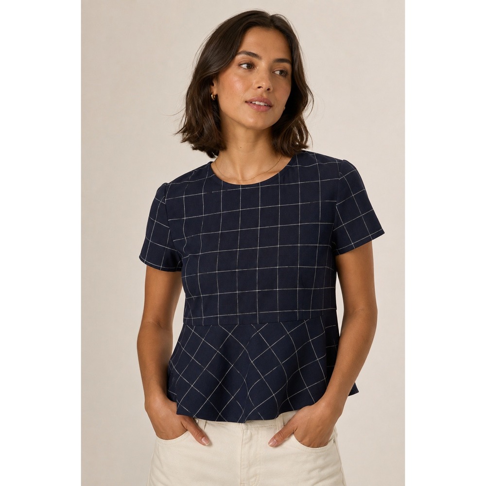 J.Crew Navy Blue Windowpane Grid Peplum Top Short Sleeve Blouse J3984 XS